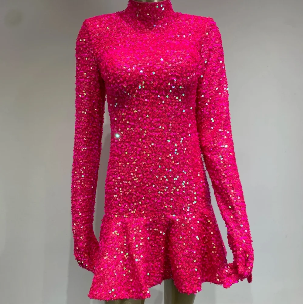 Women Luxury Sexy Long Sleeve Backless Sequins Sparkly Hot Pink - Picture 7 of 8